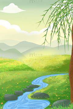 春天春分手绘卡通柳树花草植物元素背景插画