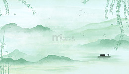 清明节绿色淡雅水墨意境山水柳条插画背景