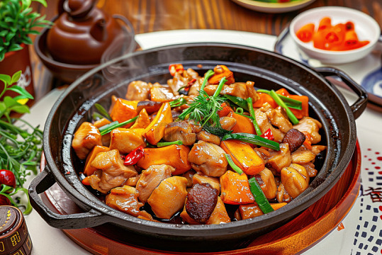 一盘土豆炖鸡肉