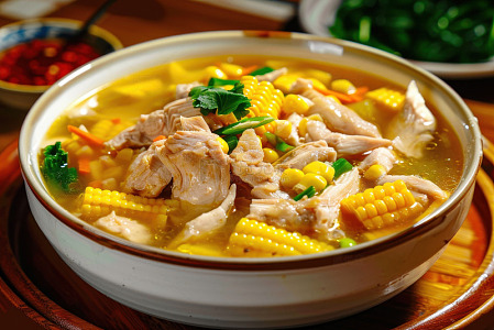 一碗鸡肉炖玉米