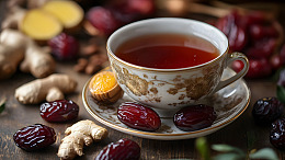一杯红枣茶周围摆放干果