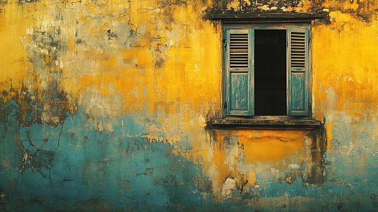 半开木窗的斑驳墙面