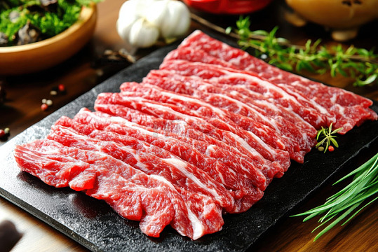 一盘新鲜的现切牛肉片