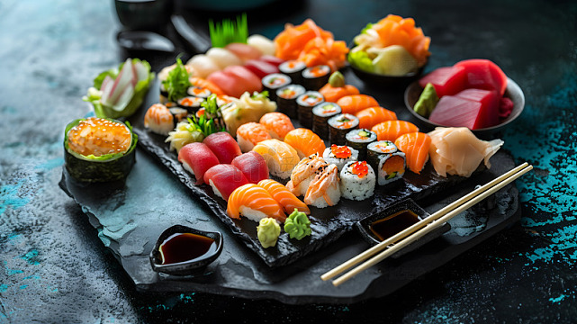丰富多样寿司拼盘美食盛宴
