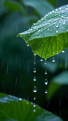 二十四节气谷雨树叶雨珠水滴特写