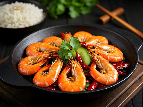 辣味干锅虾美食摄影图