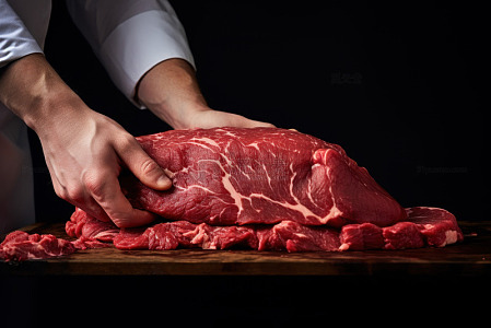 人手拿着一大块新鲜的牛肉