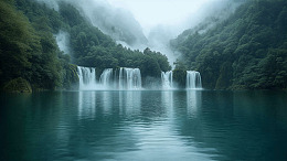 贵州云雾中森林瀑布湖景