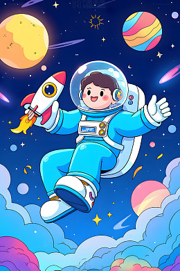 卡通宇航员的星际冒险插画