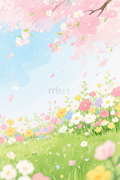 春日粉色花草地风景插画