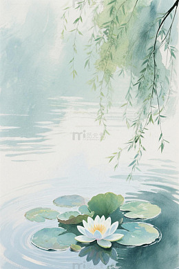 岸边垂柳池中莲