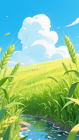 绿色麦田小溪蓝天漫画插画