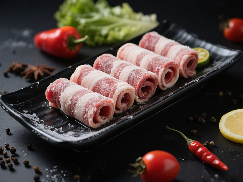 一盘牛羊肉卷火锅食材物美食