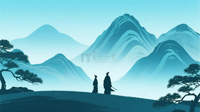 古风水墨山峰青色松树背景