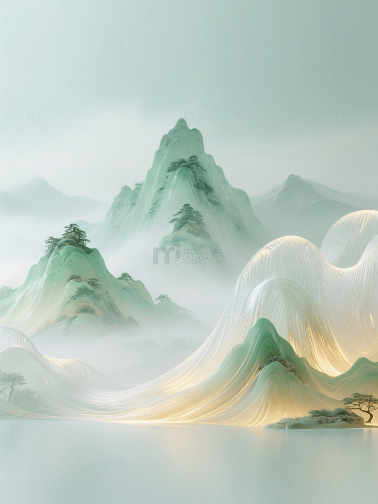 绿色古风山水鎏金水墨背景