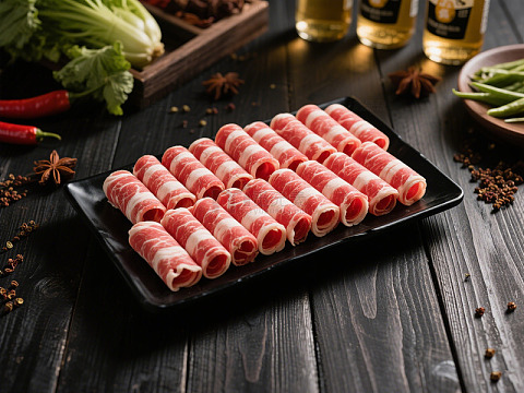 一盘火锅牛羊肉卷食材物