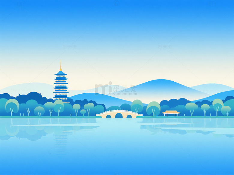 杭州西湖地标风景平面插画
