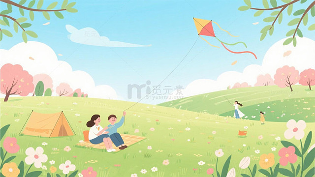 春天郊游背景插画海报背景