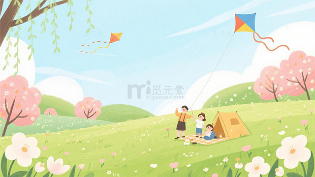 春天郊游放风筝插画海报背景