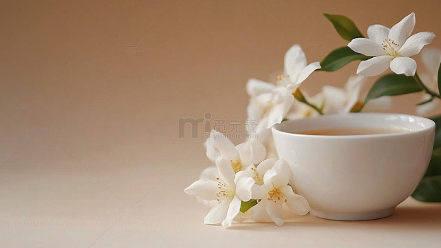 茉莉花枝白瓷茶杯旁1