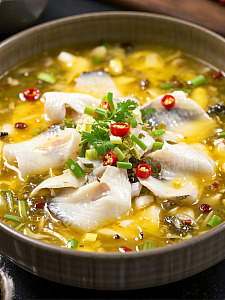 酸菜鱼鲜嫩鱼片近景特写