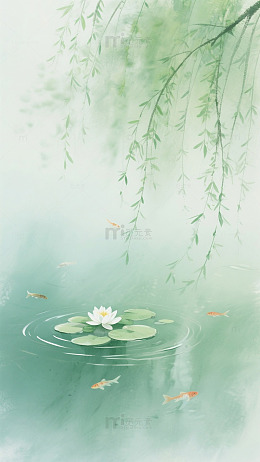 绿色荷叶荷花水墨垂柳背景