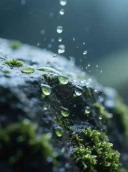 水滴从岩石上落下溅落在青苔上