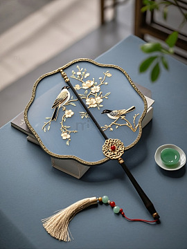 精美的金边花鸟刺绣团扇
