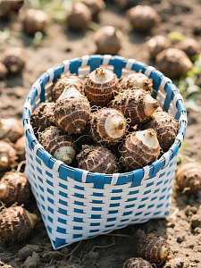 新鲜芋头装在蓝白篮子中
