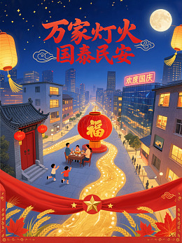十一国庆竖版万家灯火国泰民安海报