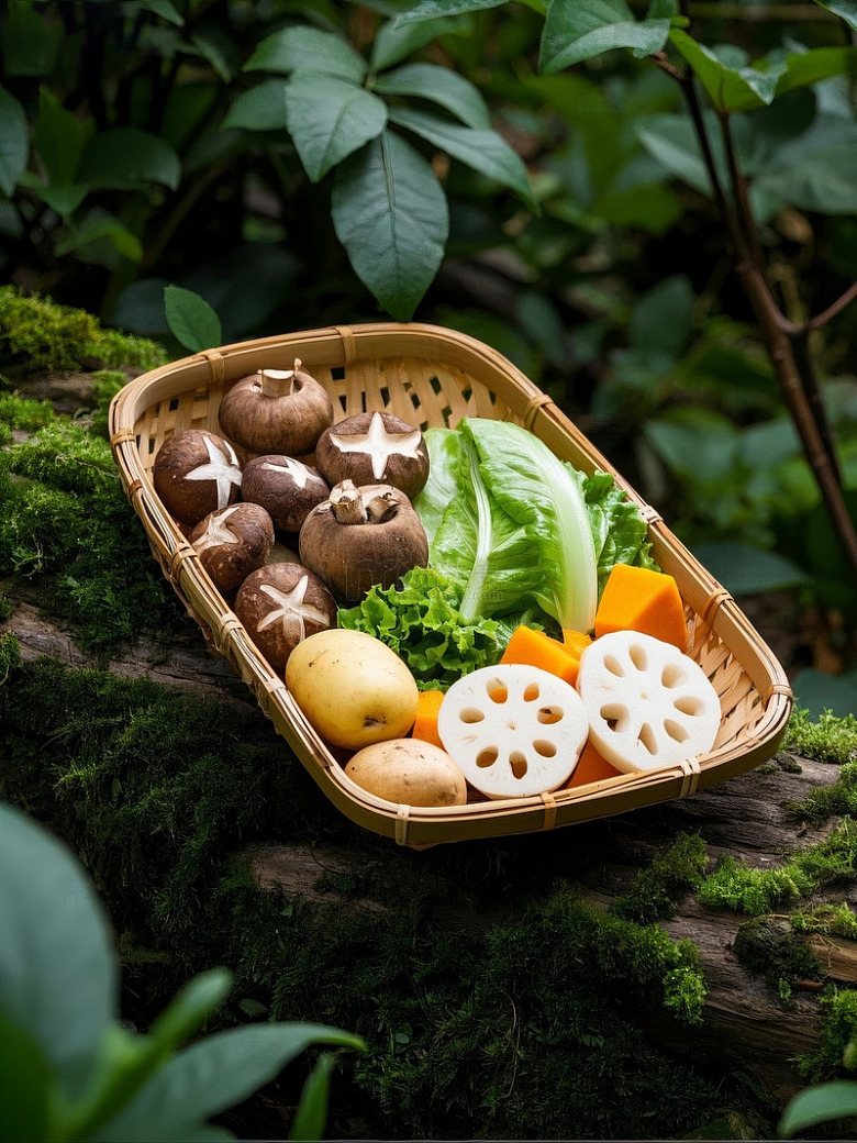 竹篮里的各种蔬菜与蘑菇