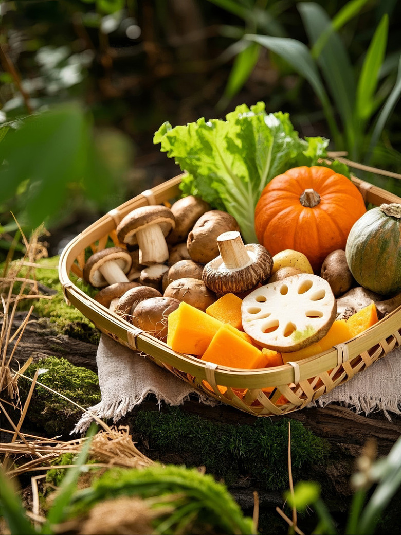 竹篮里的秋季蔬菜与蘑菇
