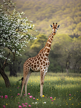 长颈鹿站在花丛中的草地