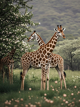 长颈鹿在花丛中漫步