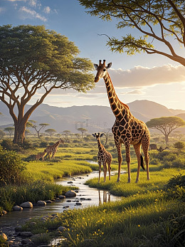 长颈鹿与小长颈鹿在草原生活