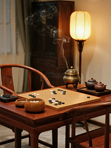 围棋对弈，香炉轻烟，古韵雅室
