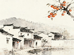 水乡屋舍柿红江南人家水墨画