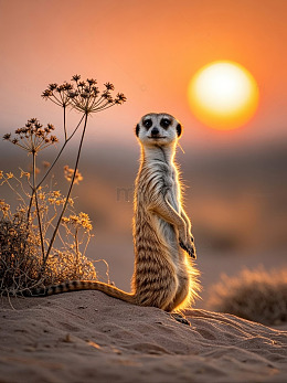 日落时分站立的狐獴