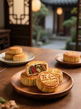 传统中式五仁月饼在盘中展示