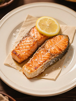 煎三文鱼配柠檬片