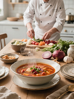 厨师在厨房准备食材制作罗宋汤