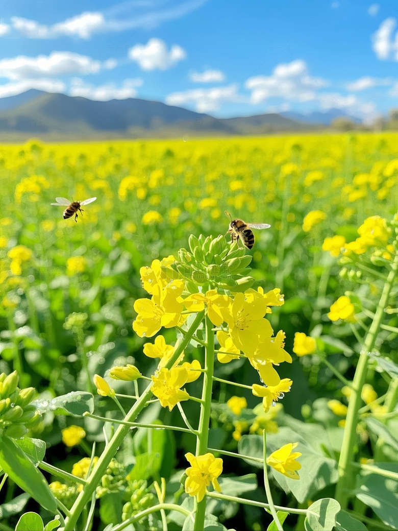 蜜蜂在油菜花田中采蜜