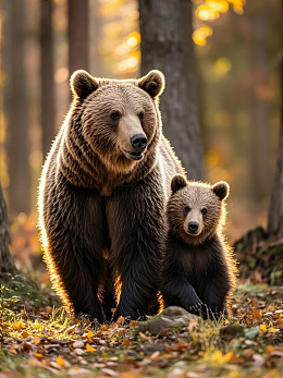 棕熊母子在野外森林中行走