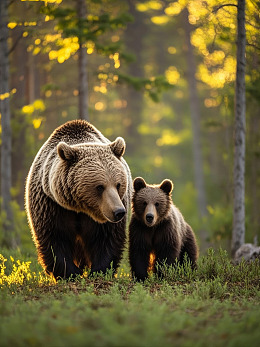 棕熊母子在森林中行走