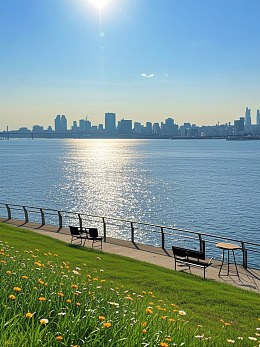 阳光下的江畔人行步道与大桥