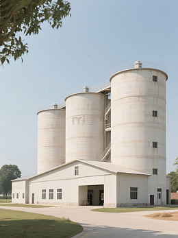 农场中的圆柱形白色谷仓建筑