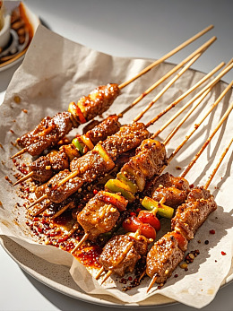 餐桌上烧烤串配蔬菜