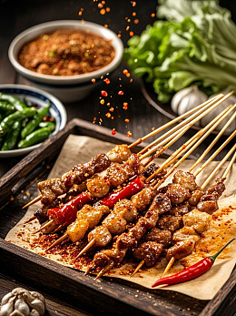 烤肉串配辣椒蔬菜