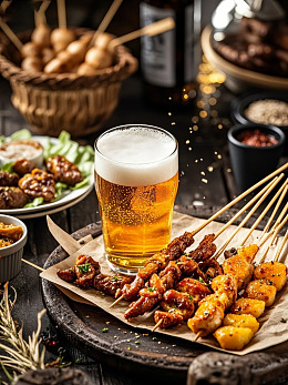 餐桌上烧烤串配蔬菜啤酒
