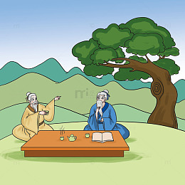 两位老者树下对坐品茗插画